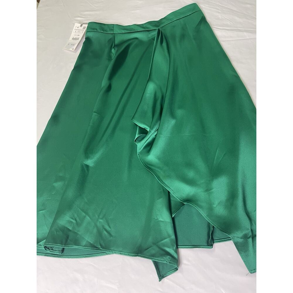 Zara Green Satin Asymmetrical Draped Skirt Overlay Front Midi Skirt NET L